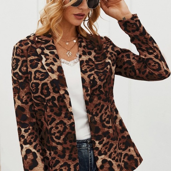 brown Leopard print chic one button Blazer - Picture 3 of 5